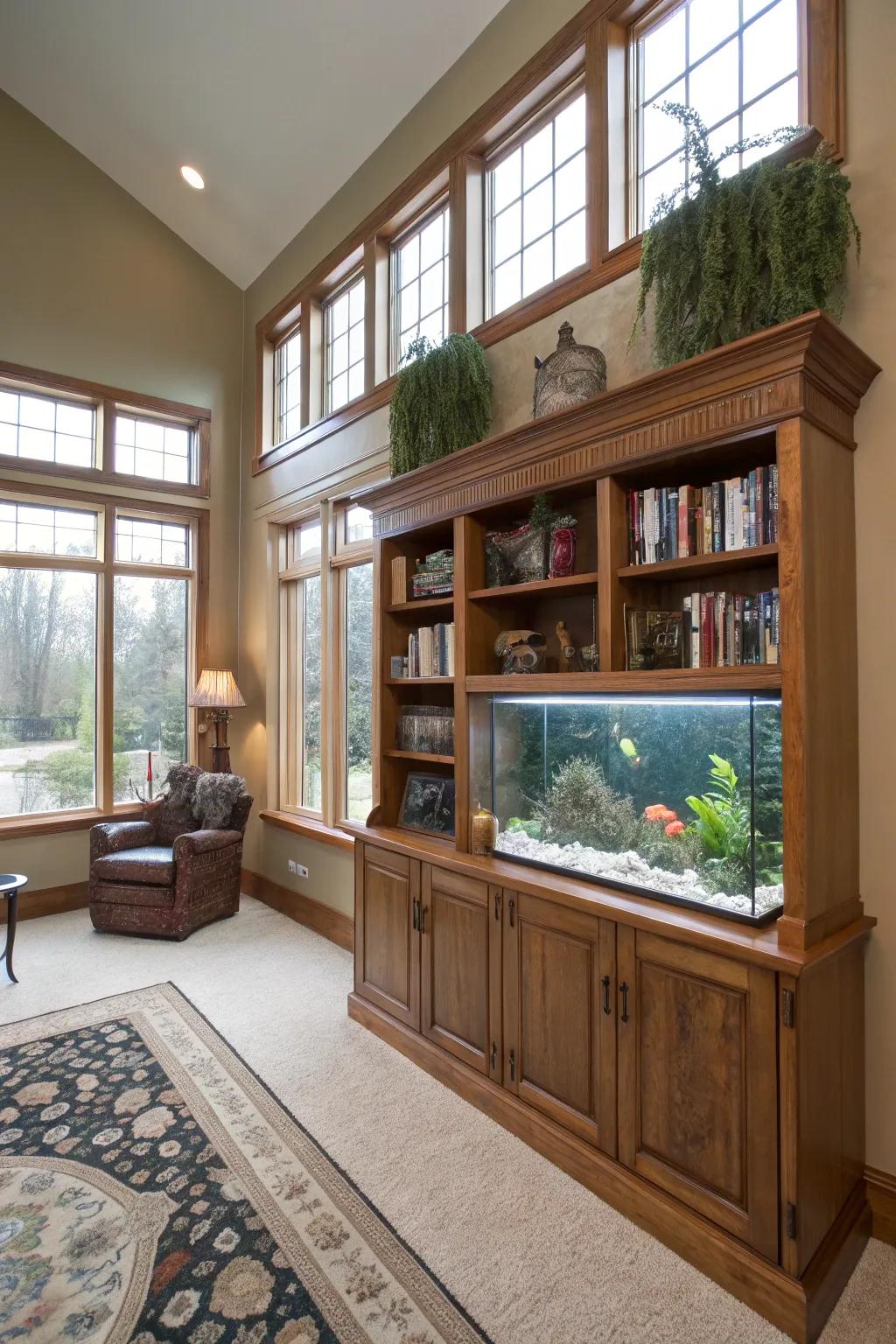 A bookcase integrates storage with aquatic elegance.
