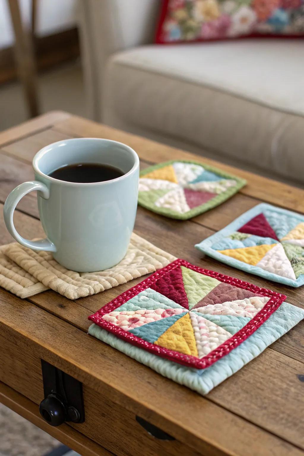 Hand-fabricated layered coasters in earthy tones, imparting warmth to any tableau.