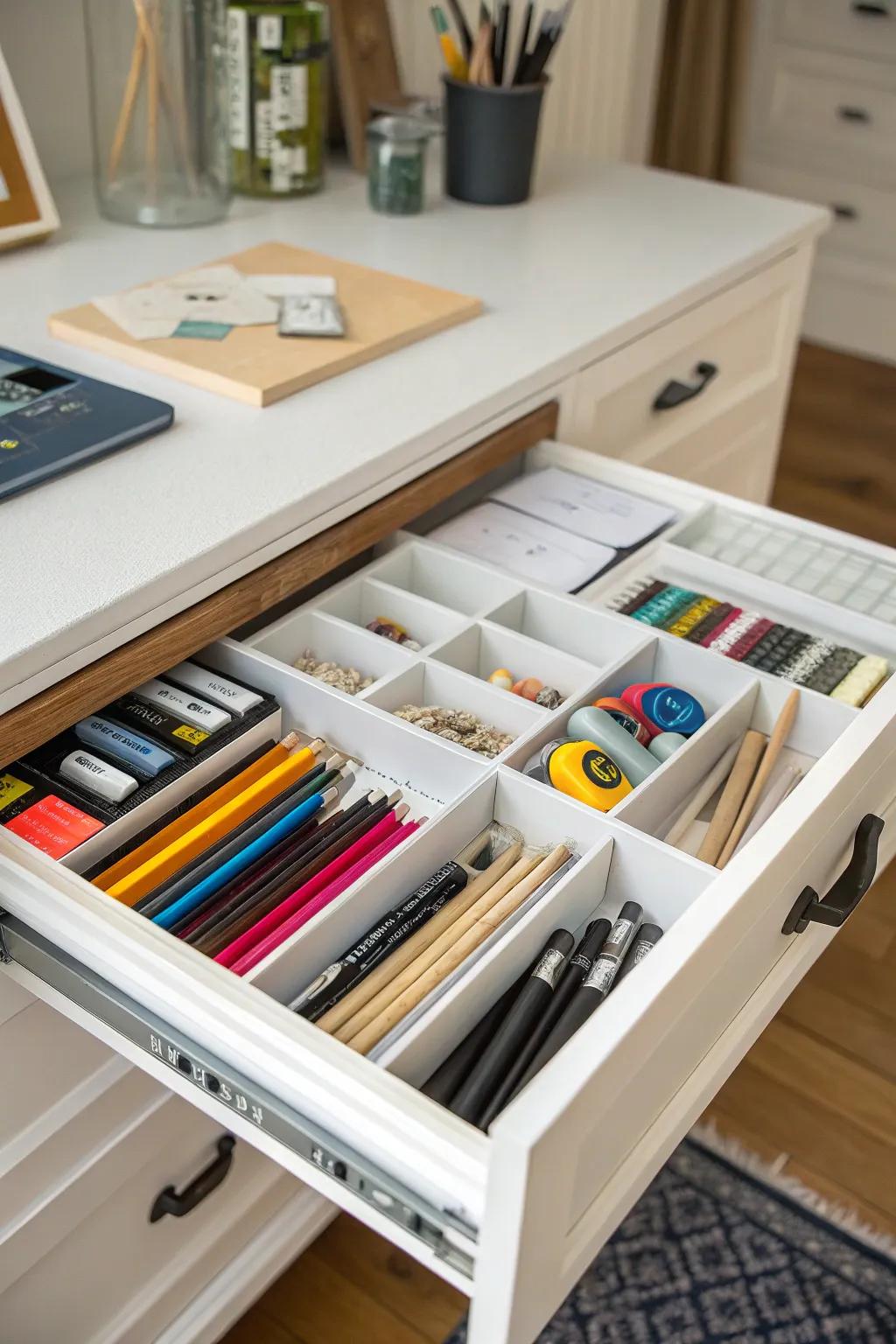 Drawer separators ensure small artistic tools stay arranged.