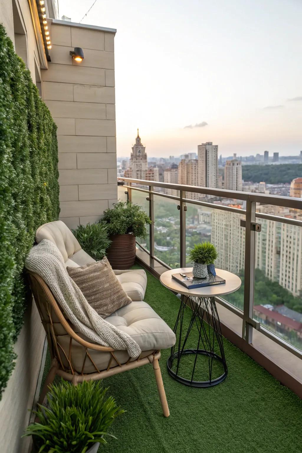 A secluded urban veranda enhanced by a simulated verdant wall, providing a verdant retreat.