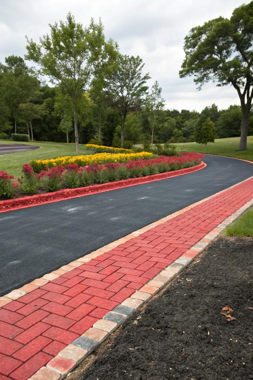 Bright red pavers create a stunning contrast against this asphalt driveway.