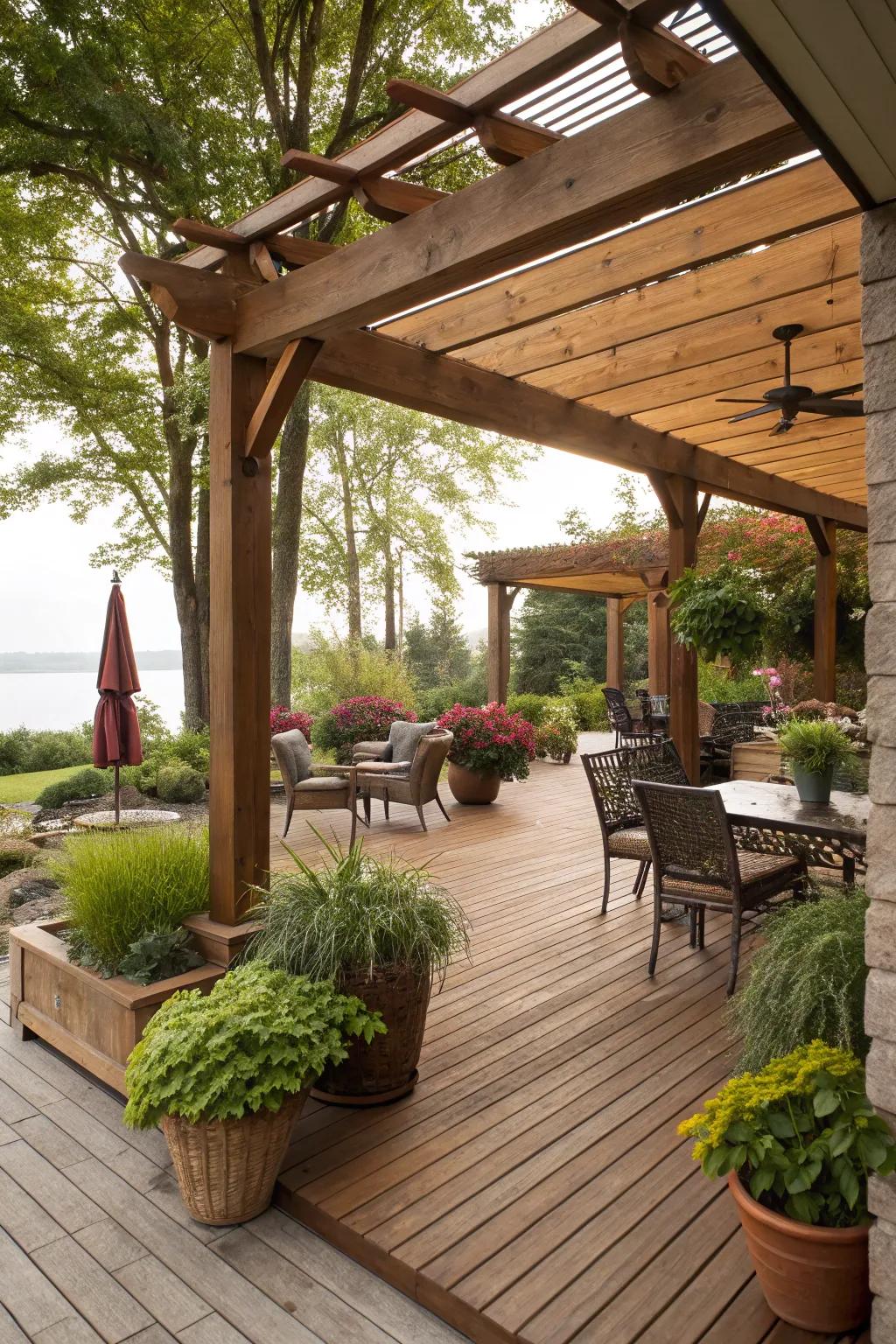 Natural timber beams contribute countryside charm to a patio.