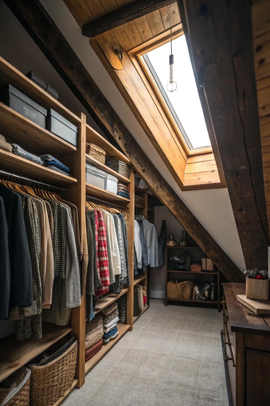 Natural daylight enhances the attic closet's atmosphere.