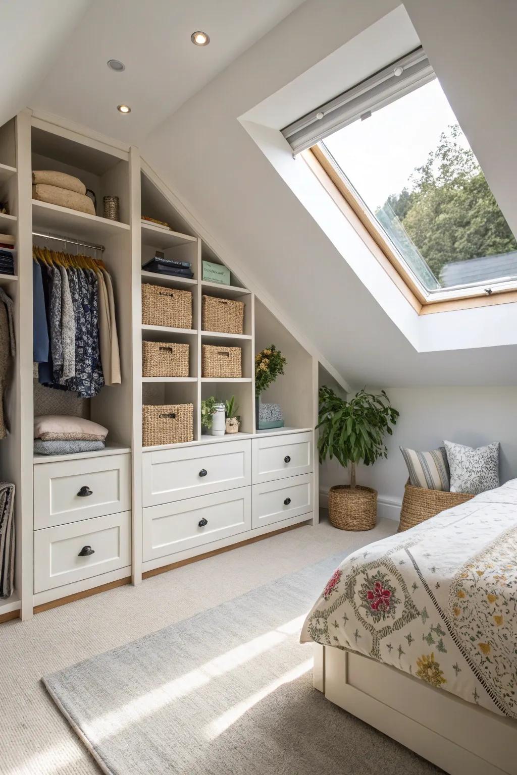 Integrated storage maintains your attic bedroom organized and useful.