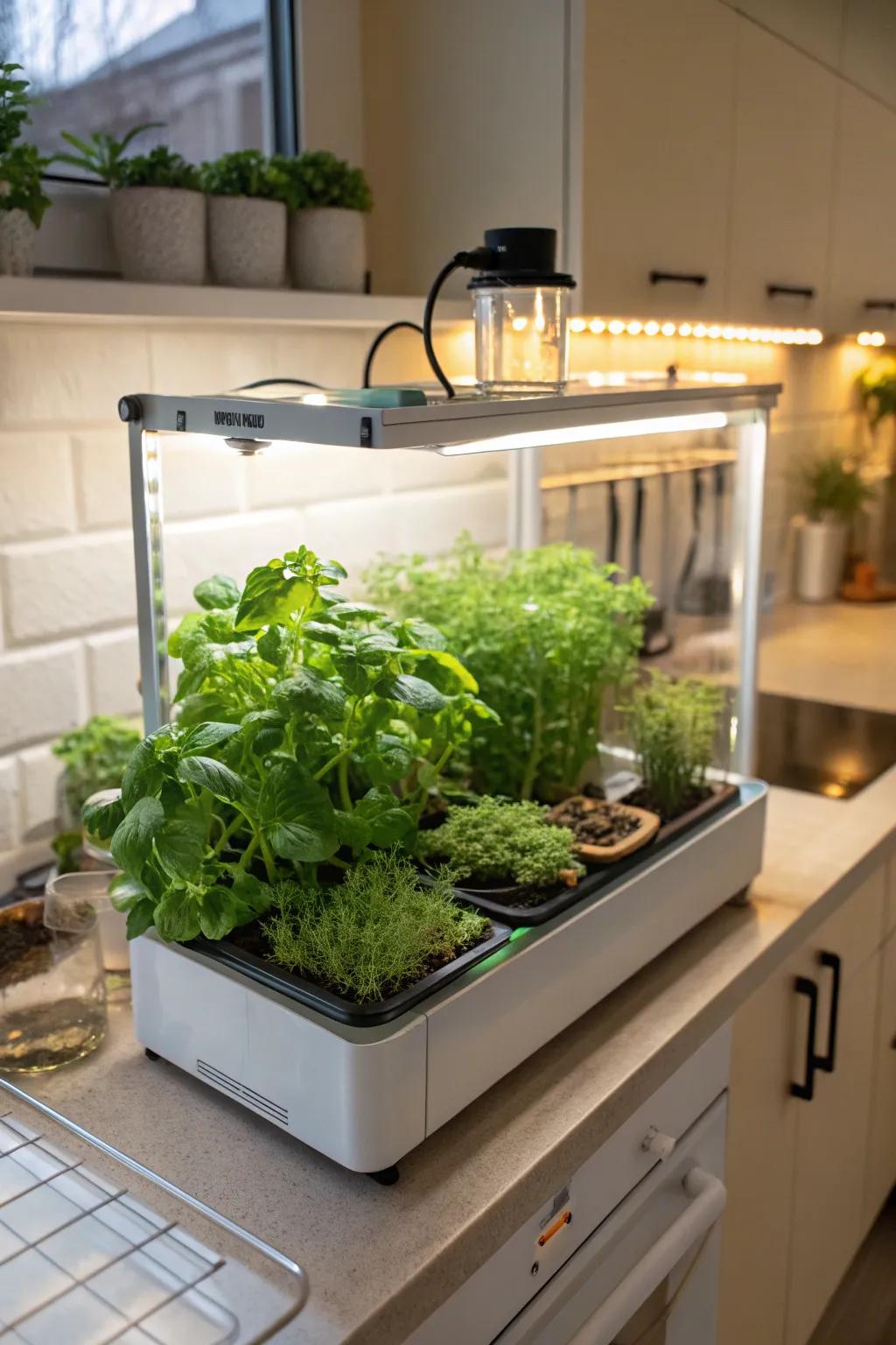A tabletop greenhouse with integrated grow lights, ideal for nurturing herbs.