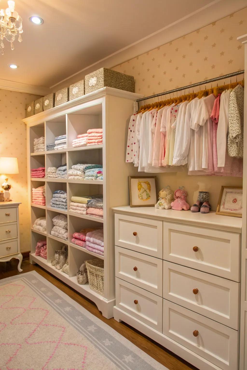 Visible shelving modules harmonize storage functionality with nursery decor.