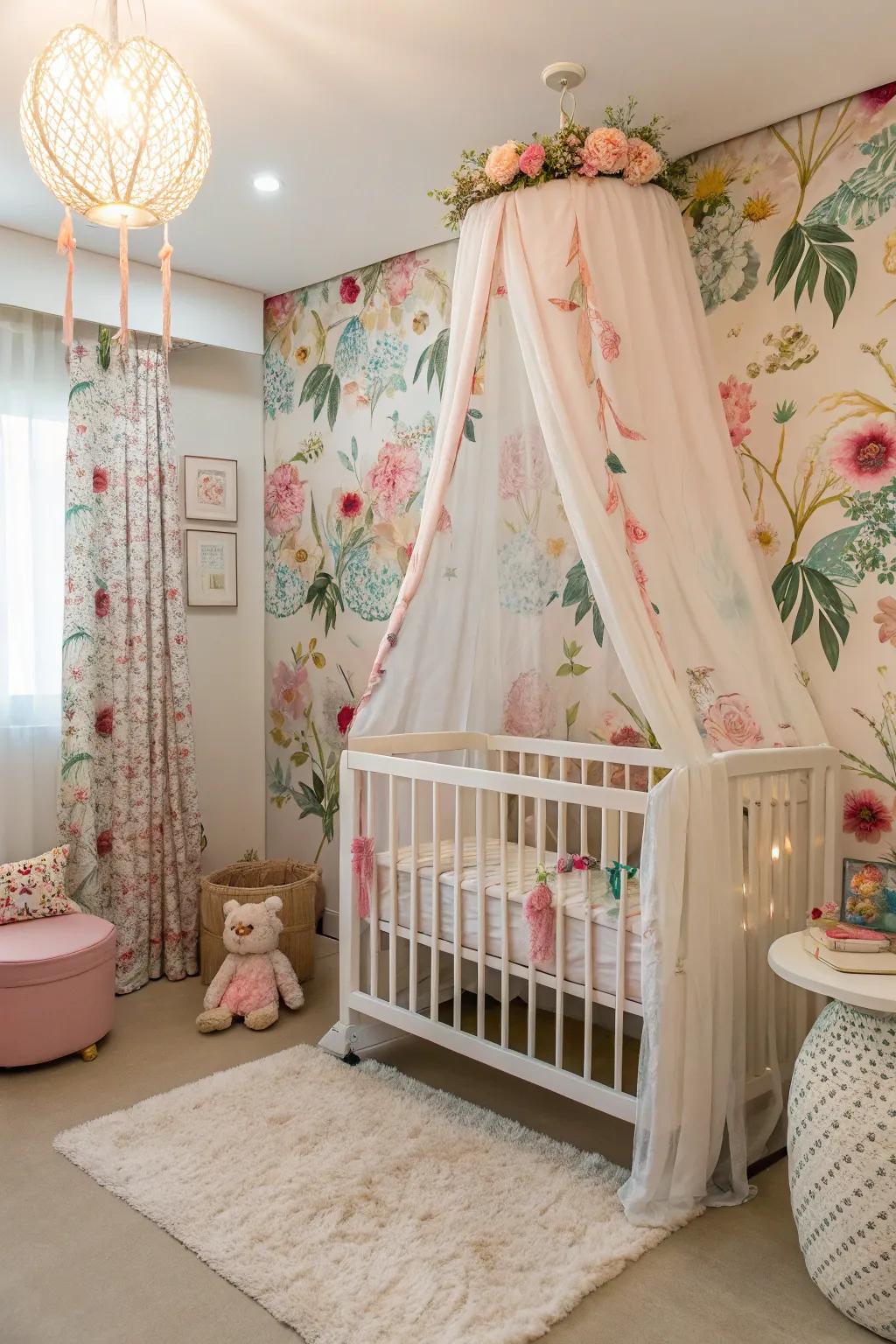 An enchanting canopy generates a dreamy atmosphere above the crib.