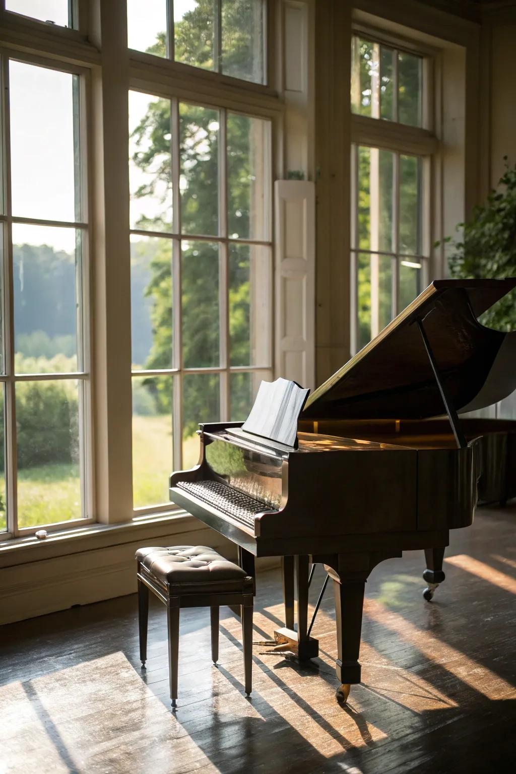 Sunlight enhances the charm of the petite concert grand.