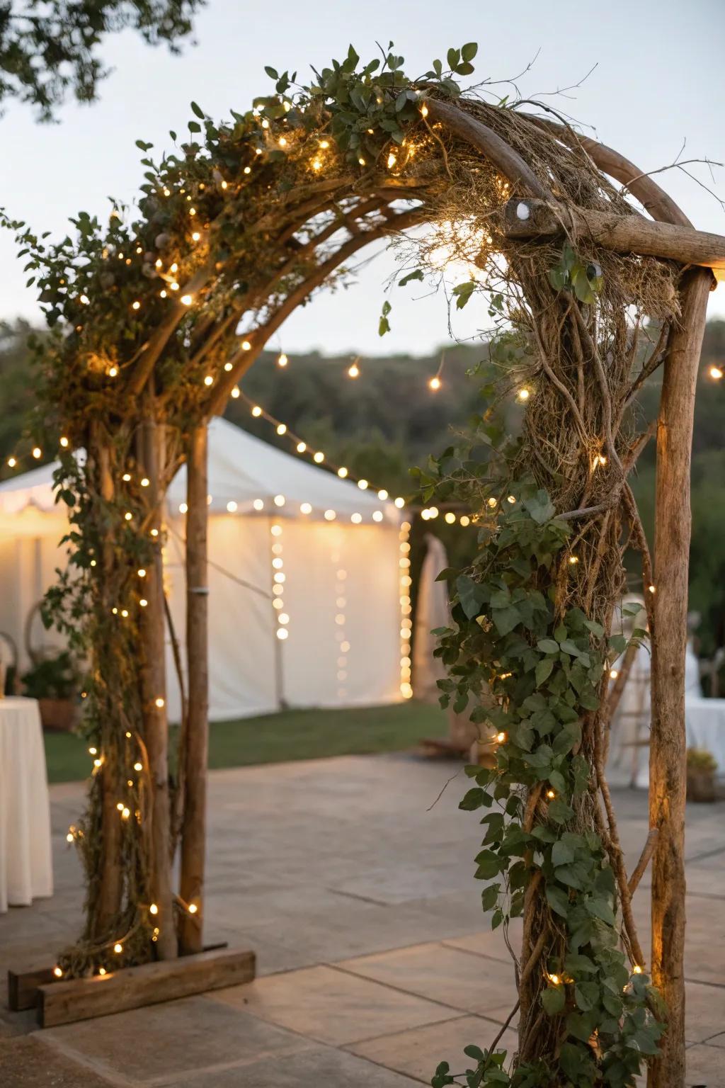 A rustic arch joining branches and greenery for a natural ambiance.