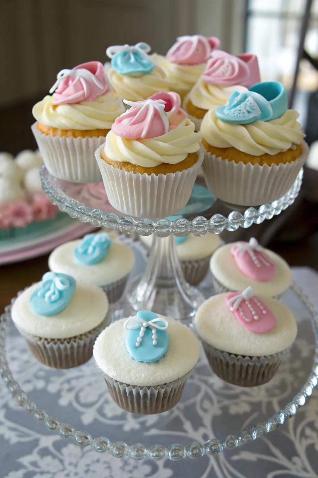 Delightful infant bootie-topped cupcakes incorporate a whimsical attribute.