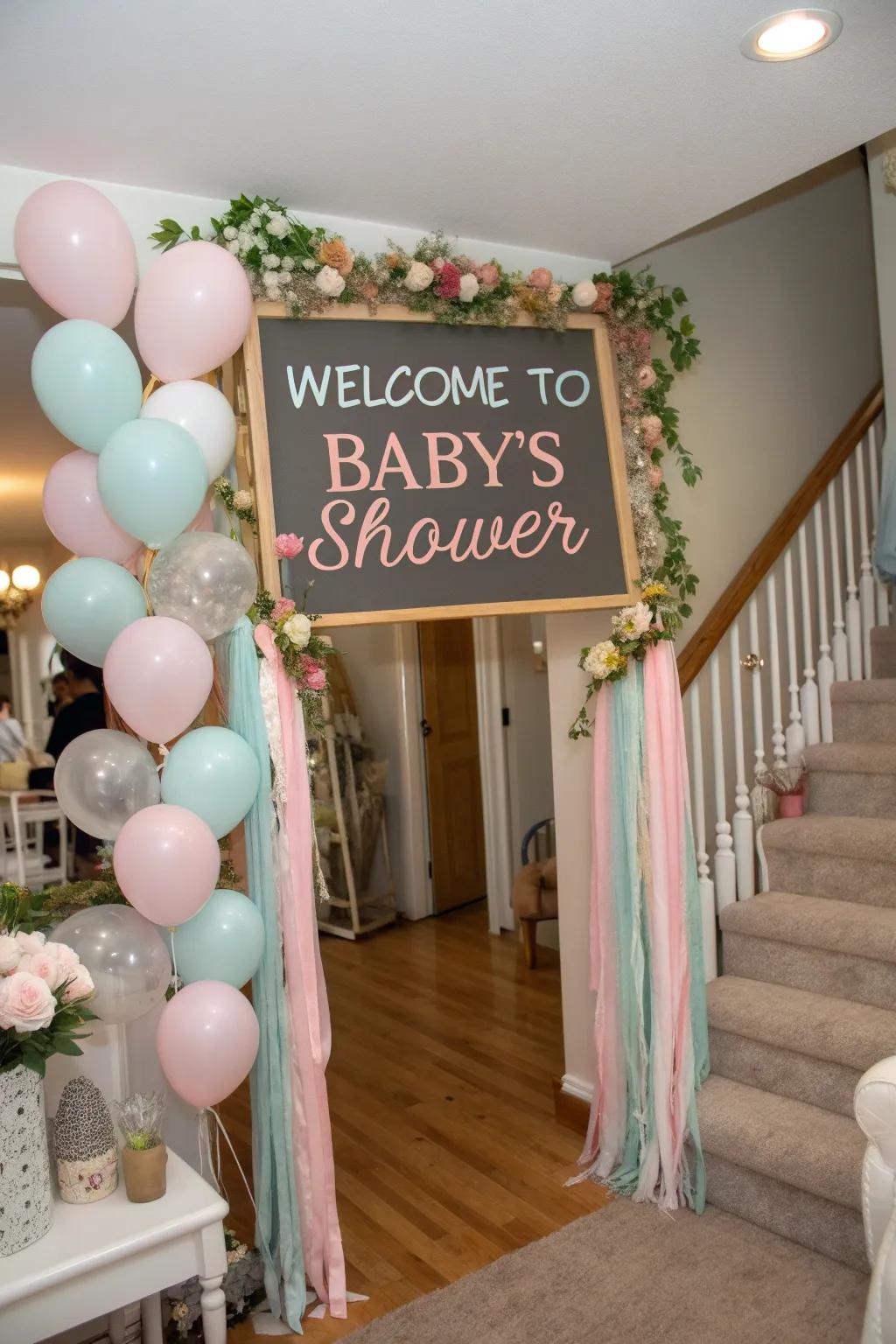A thematic portal unifies the comprehensive baby shower ornamentation.