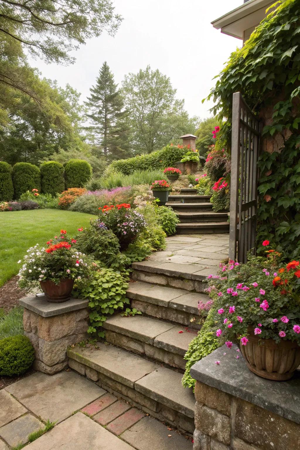 Layered steps with greenery bring the beauty of nature to your doorstep.