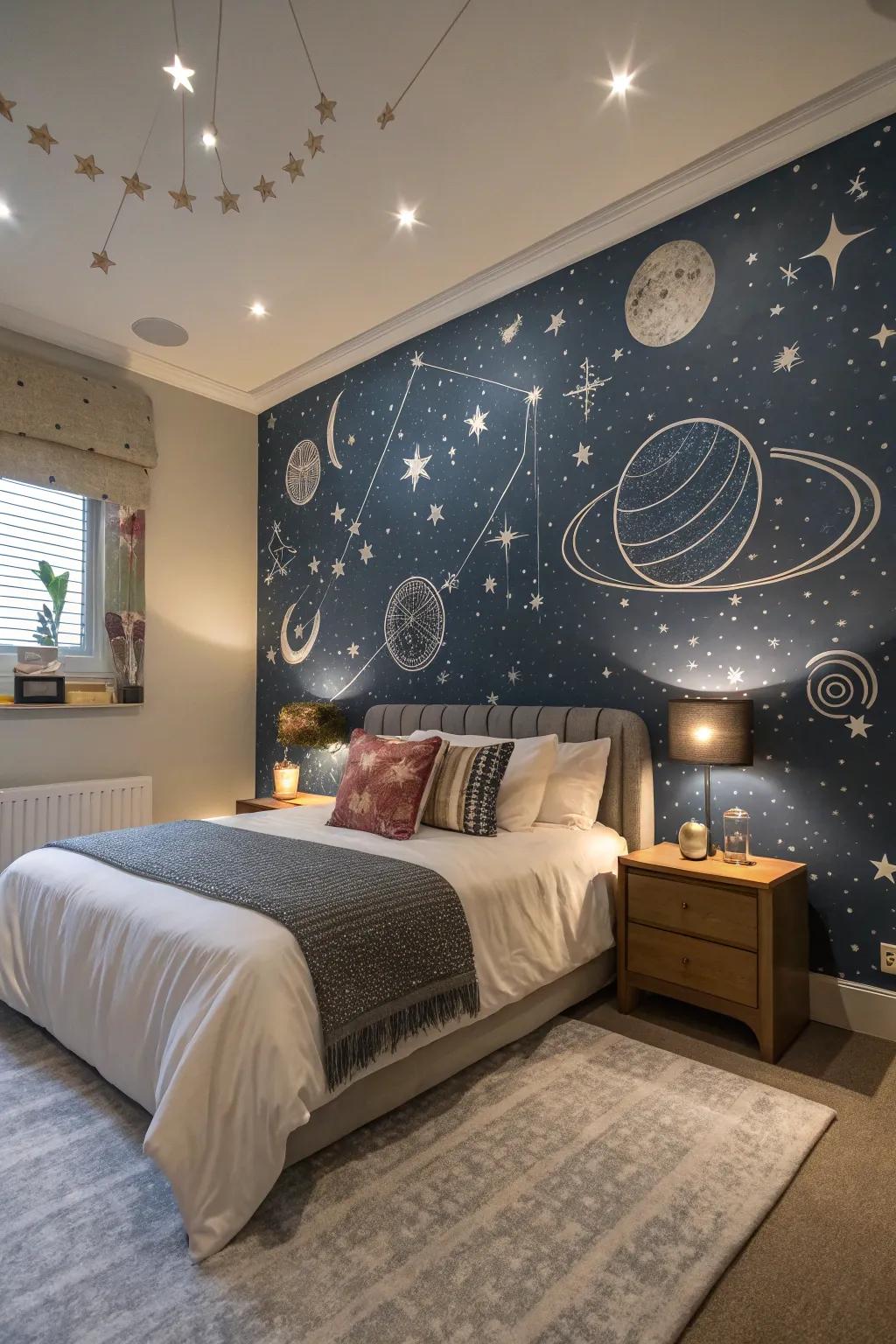 A personal sleeping quarter adorned with a cosmos-inspired surface, highlighted by celestial bodies and planetary artwork.