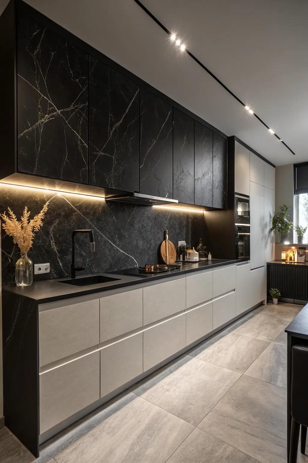 A deep-on-deep scheme establishes a striking and cultured kitchen atmosphere.