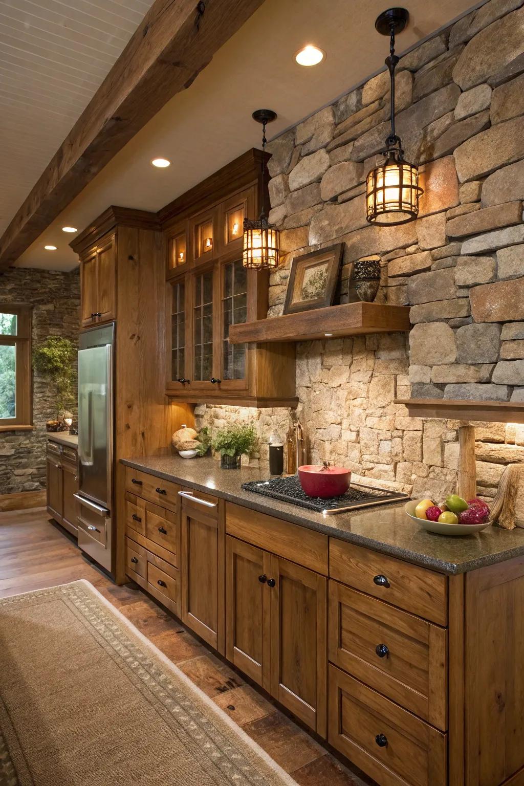 Natural stone incorporates rustic refinement into a culinary space featuring maple cabinets.