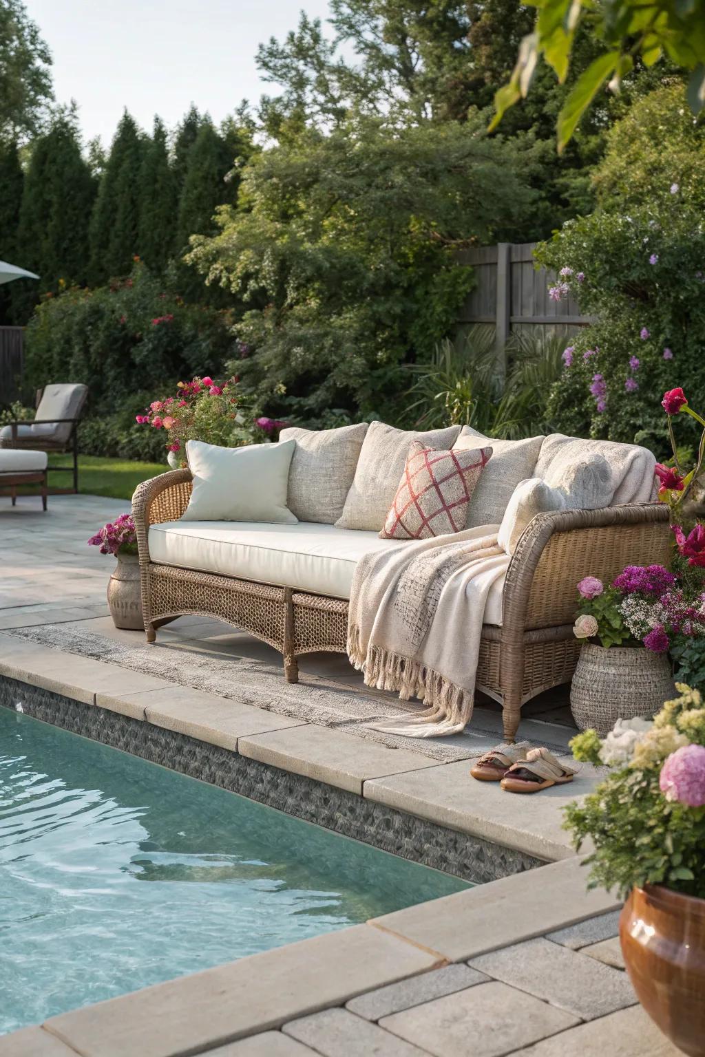 Poolside couches present an aspect of lavishness and leisure.