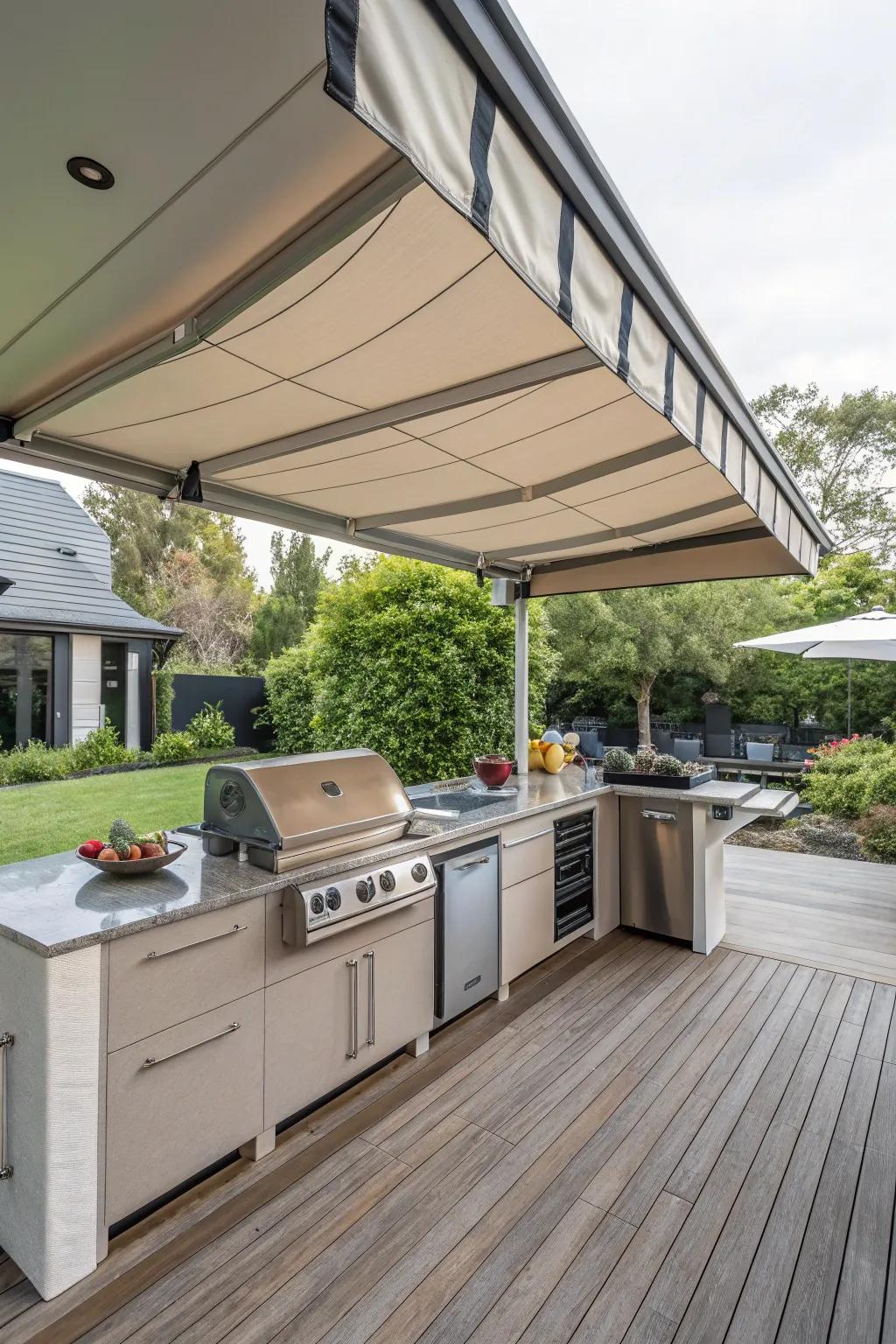 A retractable shade delivers adaptability for both sun and shade in your outdoor kitchen.
