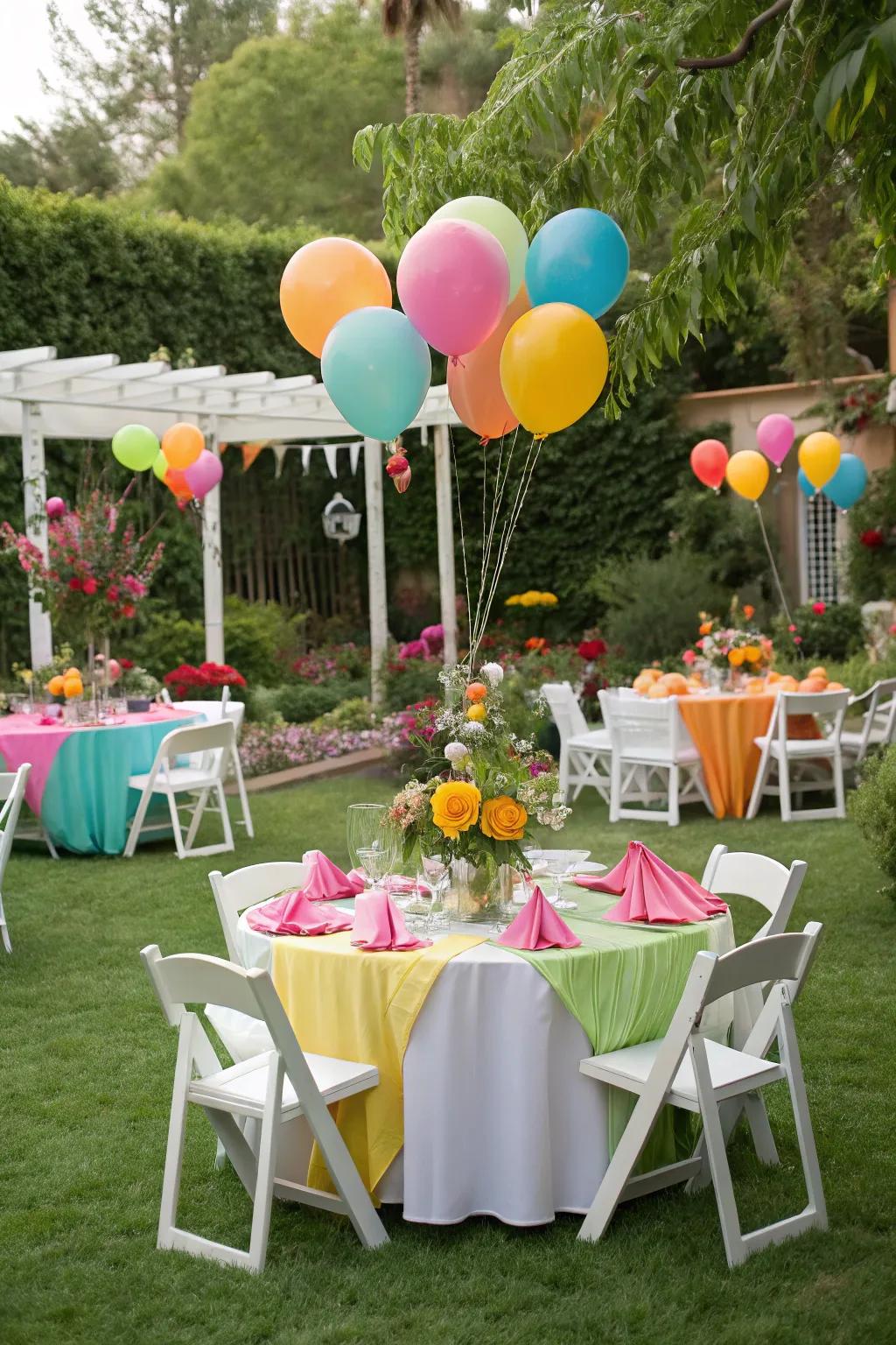 Vibrant inflated spheres and textiles introduce a splash of color to the garden celebration.