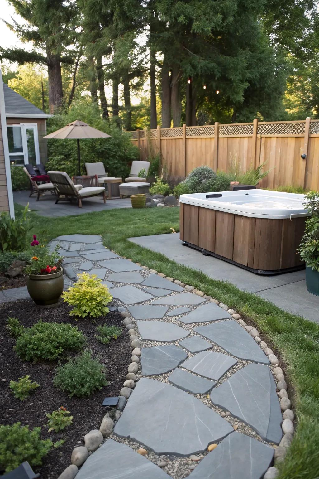A flagstone walkway imparts charm while facilitating ease of access.