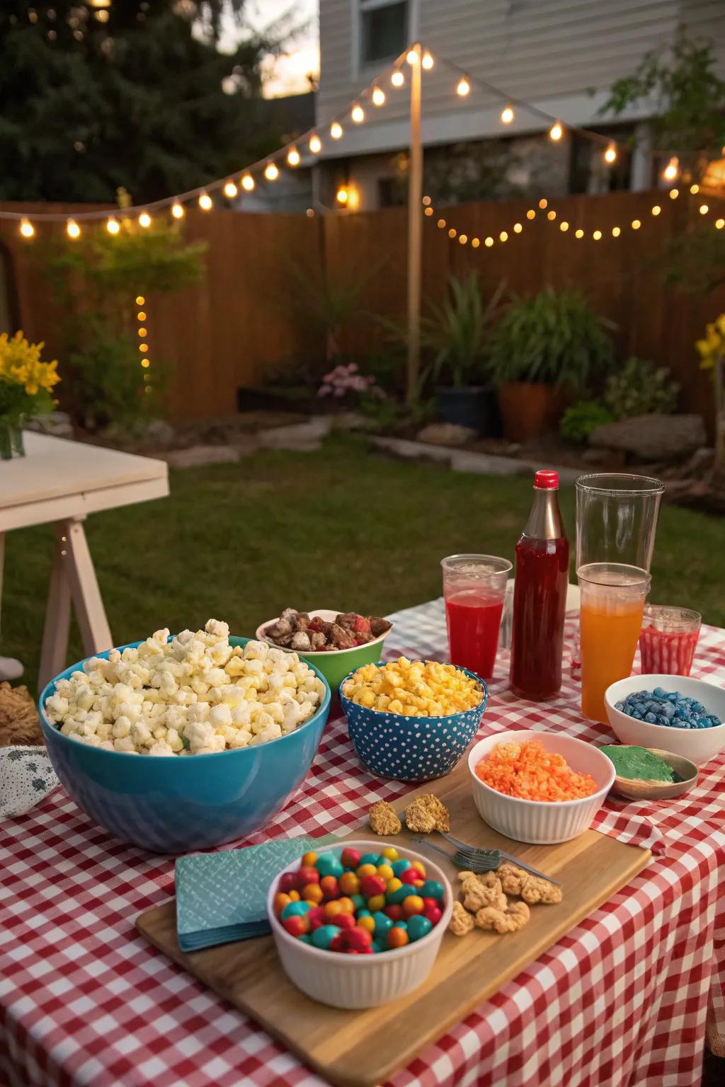 A treats and snacks station replicates the quintessential movie theater feel in your yard.