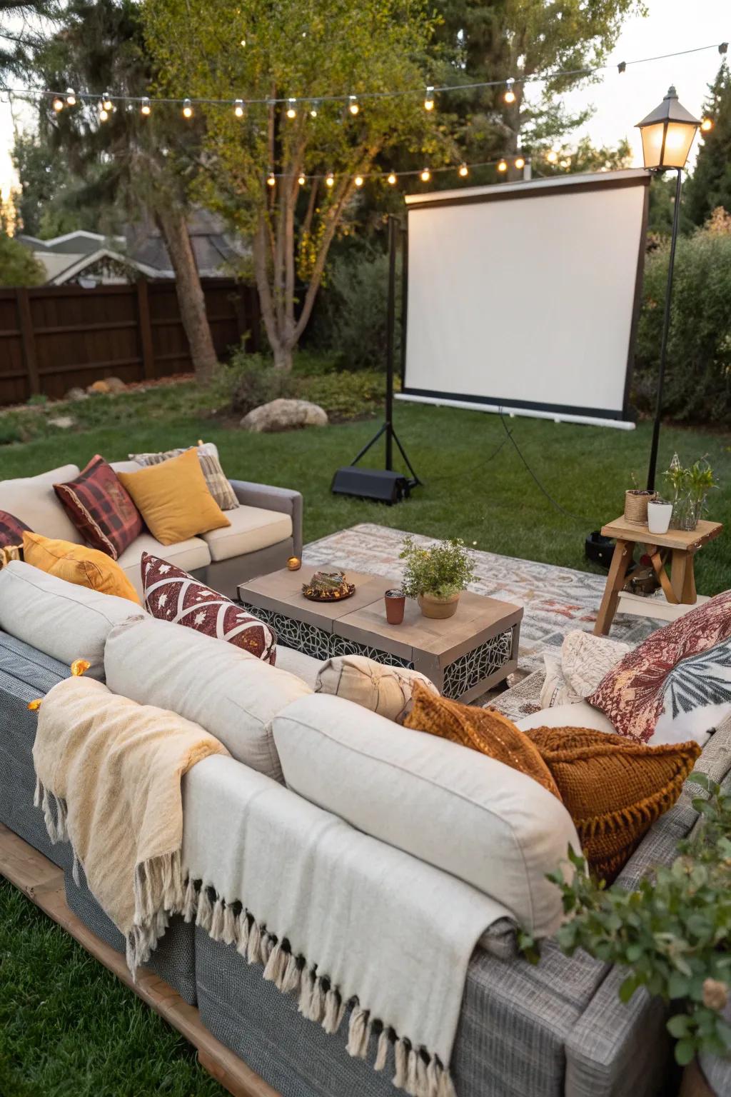 Open-air sofas and modular seating fashion a chic and inviting cinematic encounter.
