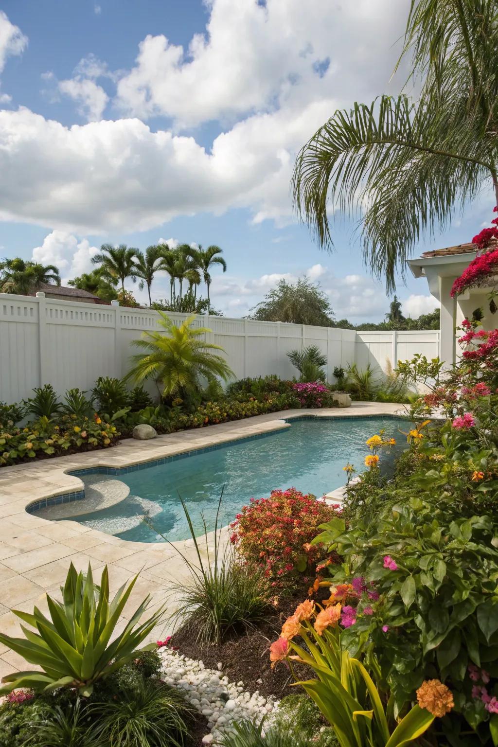 Turn your pool space into a tropical garden with lush landscaping.