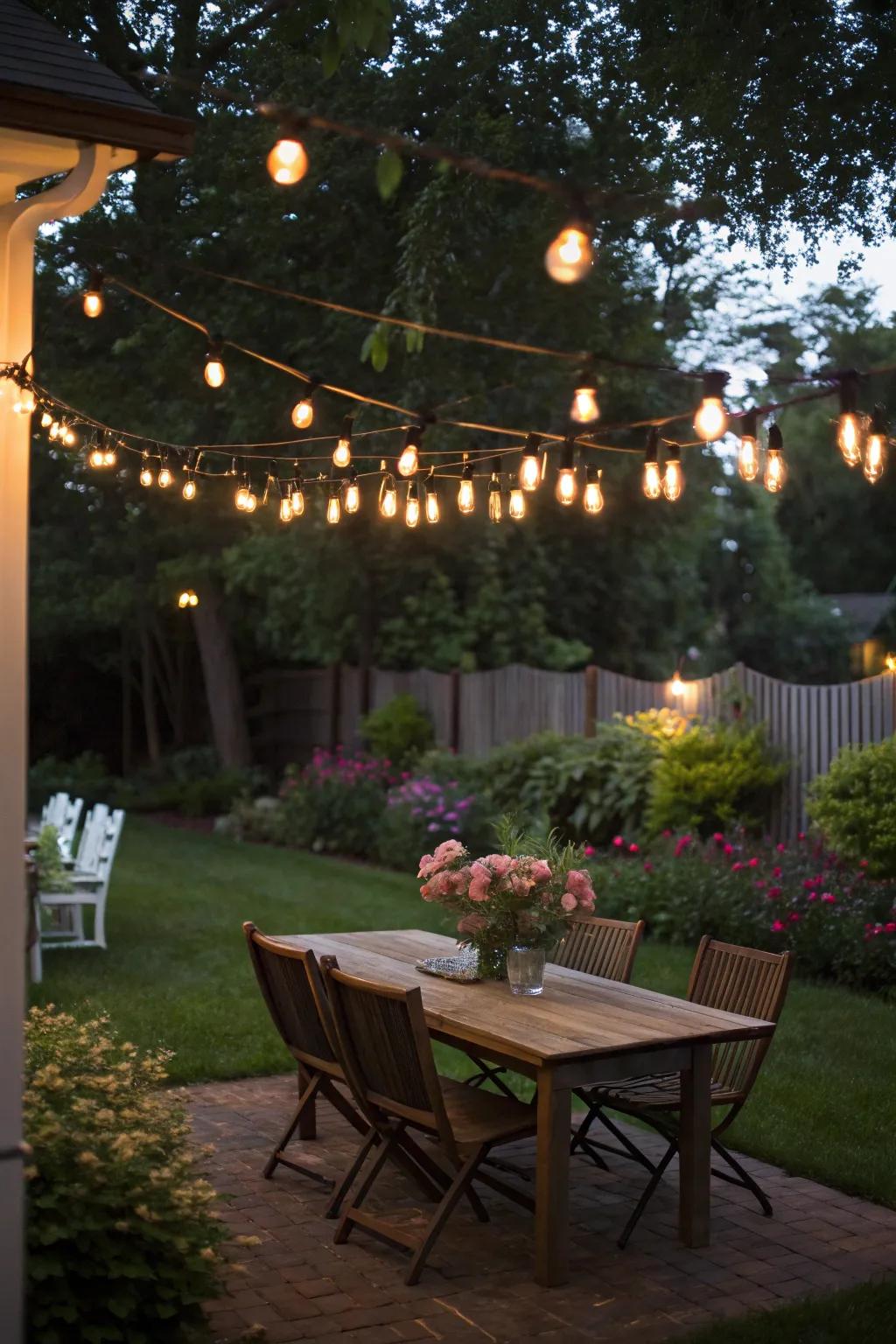 Festoon lights can transform your backyard into an enchanting hideaway.