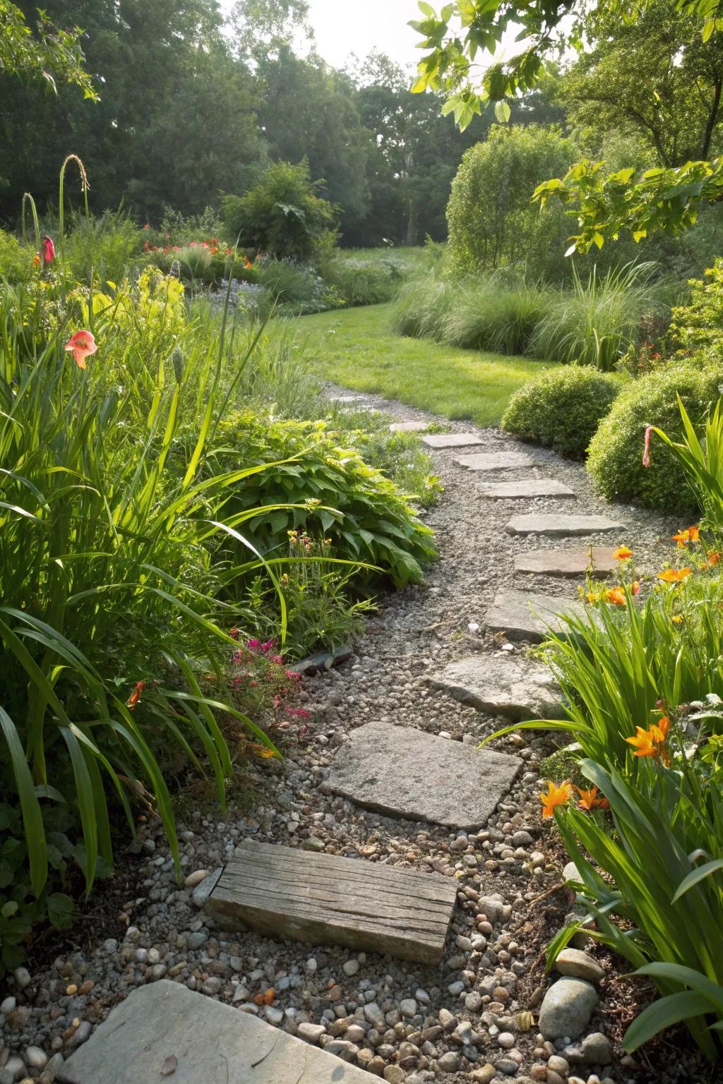 Combining different substances crafts a visually intriguing pathway.