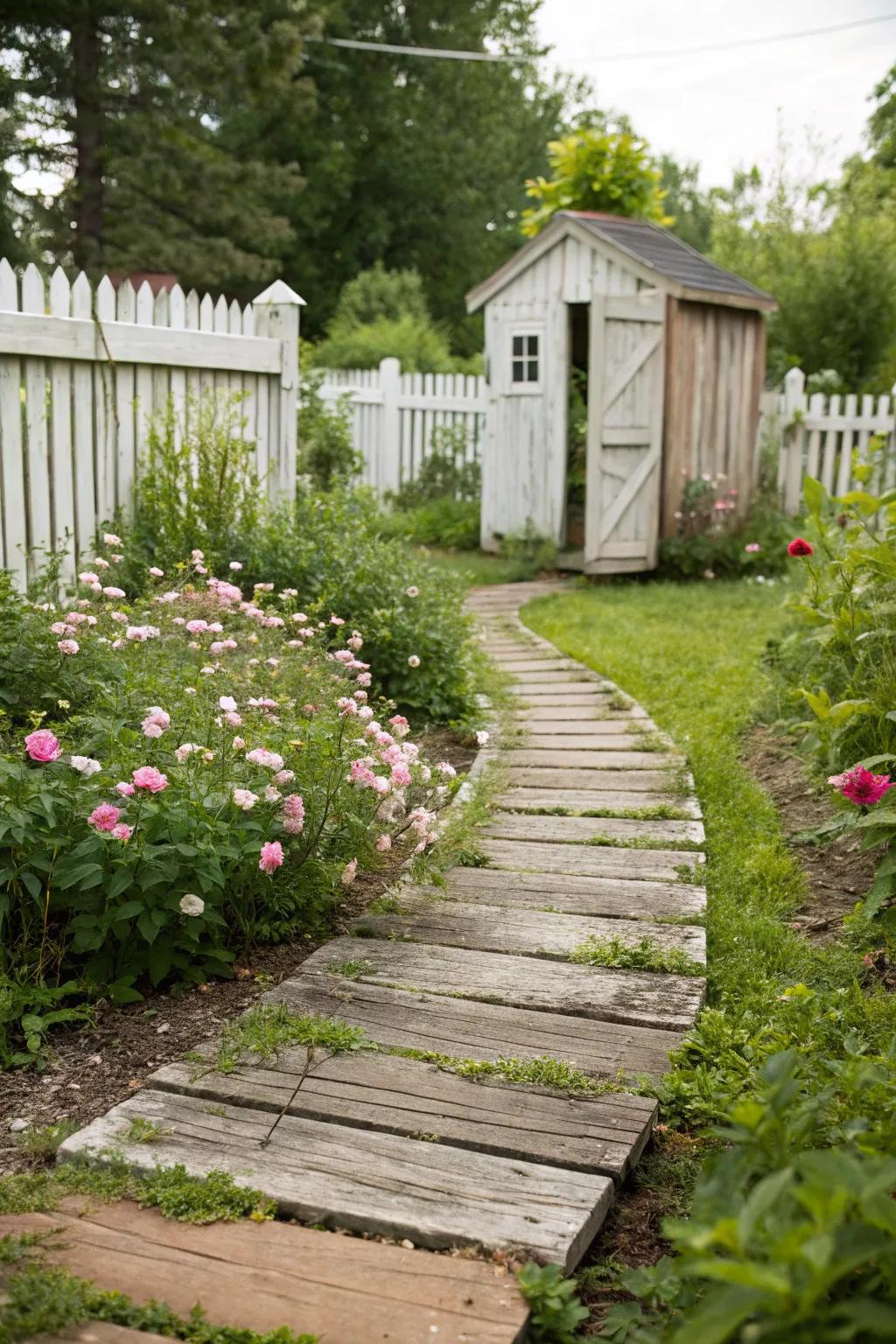 A rustic wooden path creating a natural backyard trail.