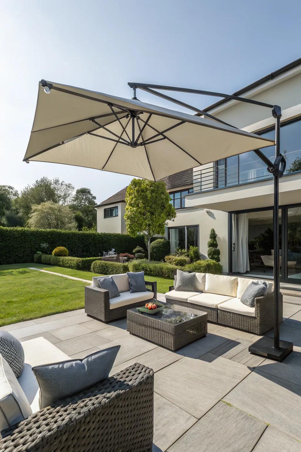 A stylish cantilever parasol providing versatile shade.