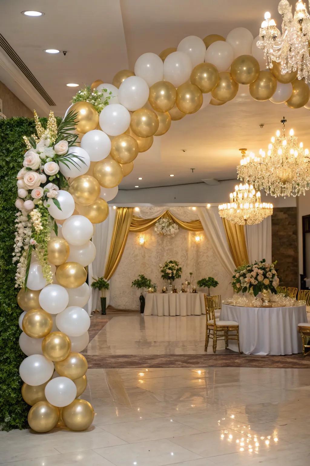 A sophisticated gold and white balloon display for elegant events.