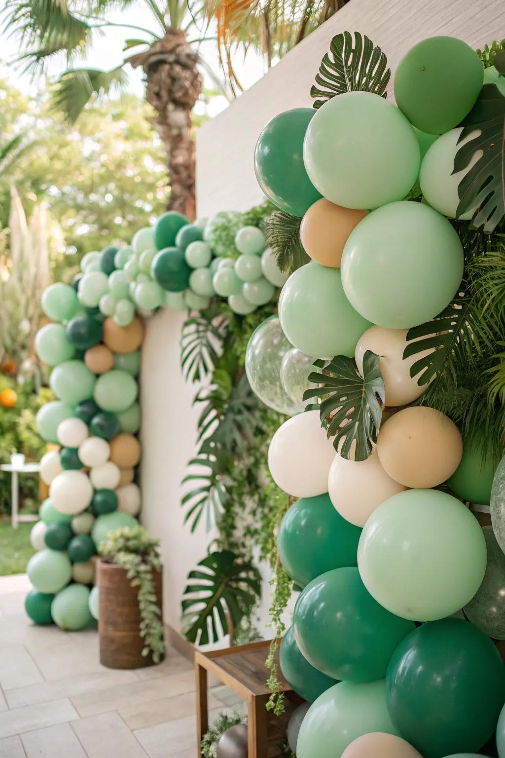 A nature-themed balloon wall invites guests to capture memorable moments.