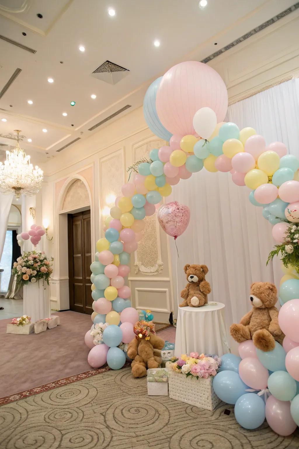 A charming teddy bear-themed balloon arrangement perfect for a baby shower
