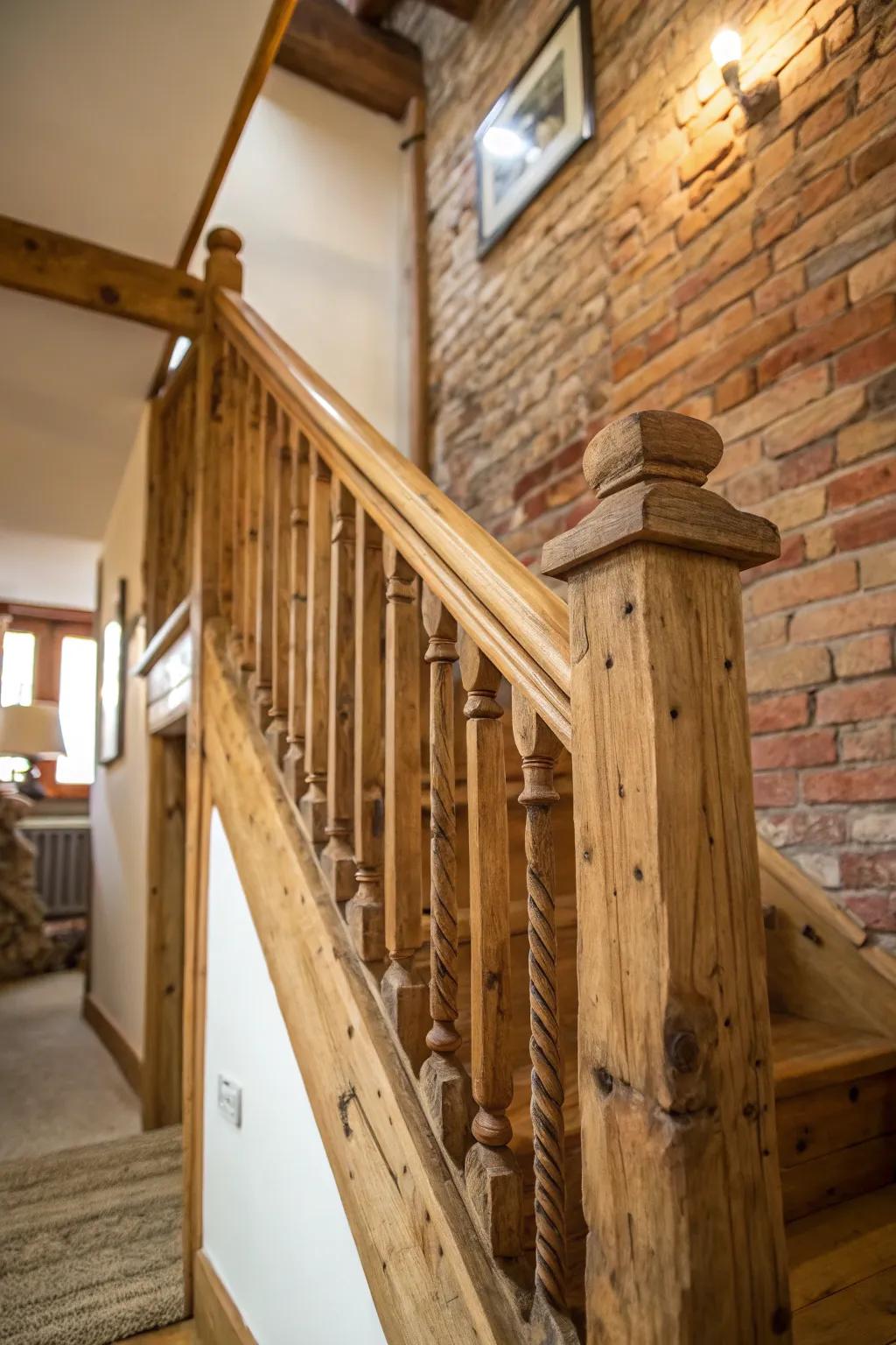 Country allure with a timber stair rail against exposed brick.