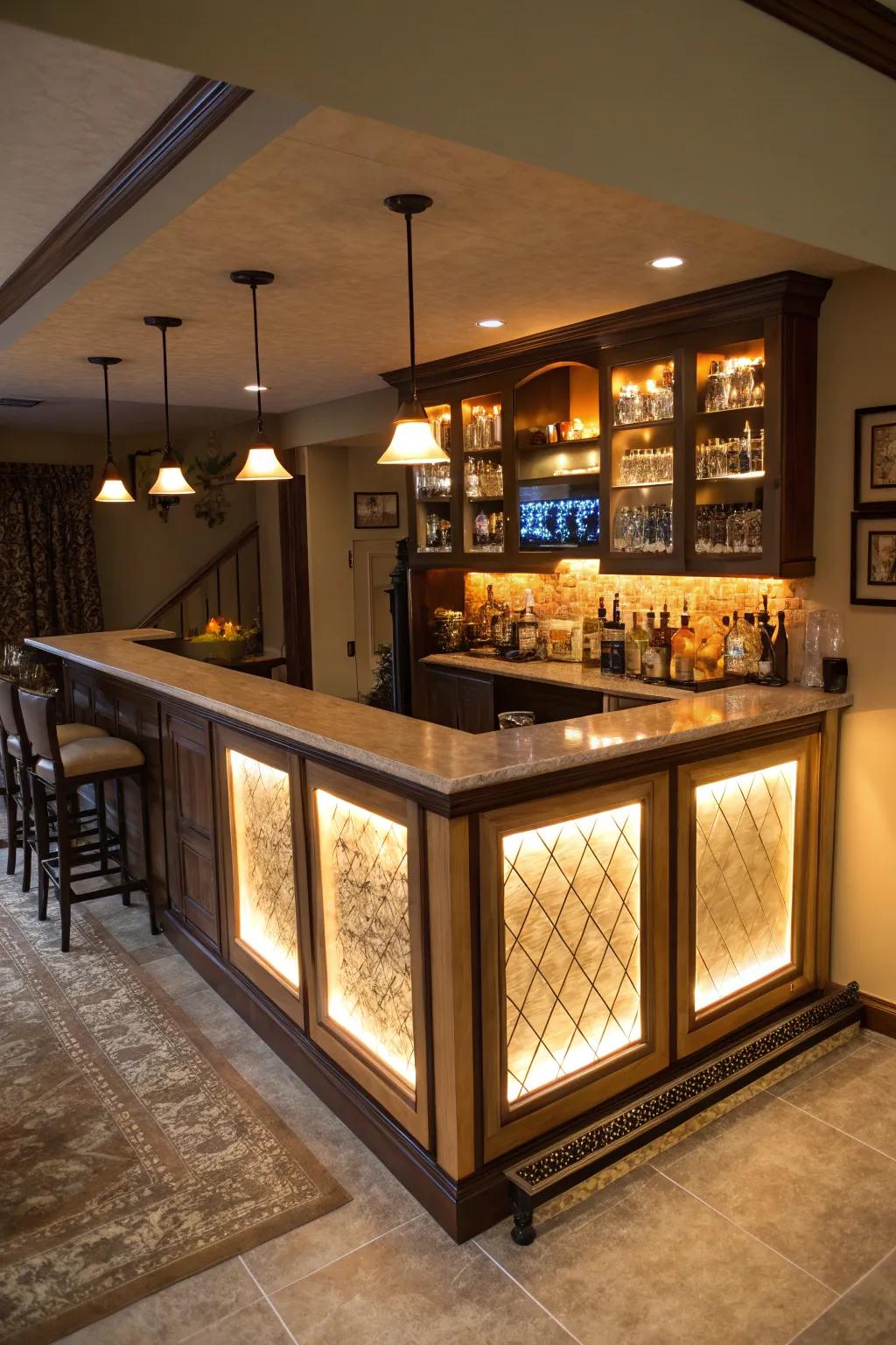 A dramatic and refined bar atmosphere is created by backlit panels.