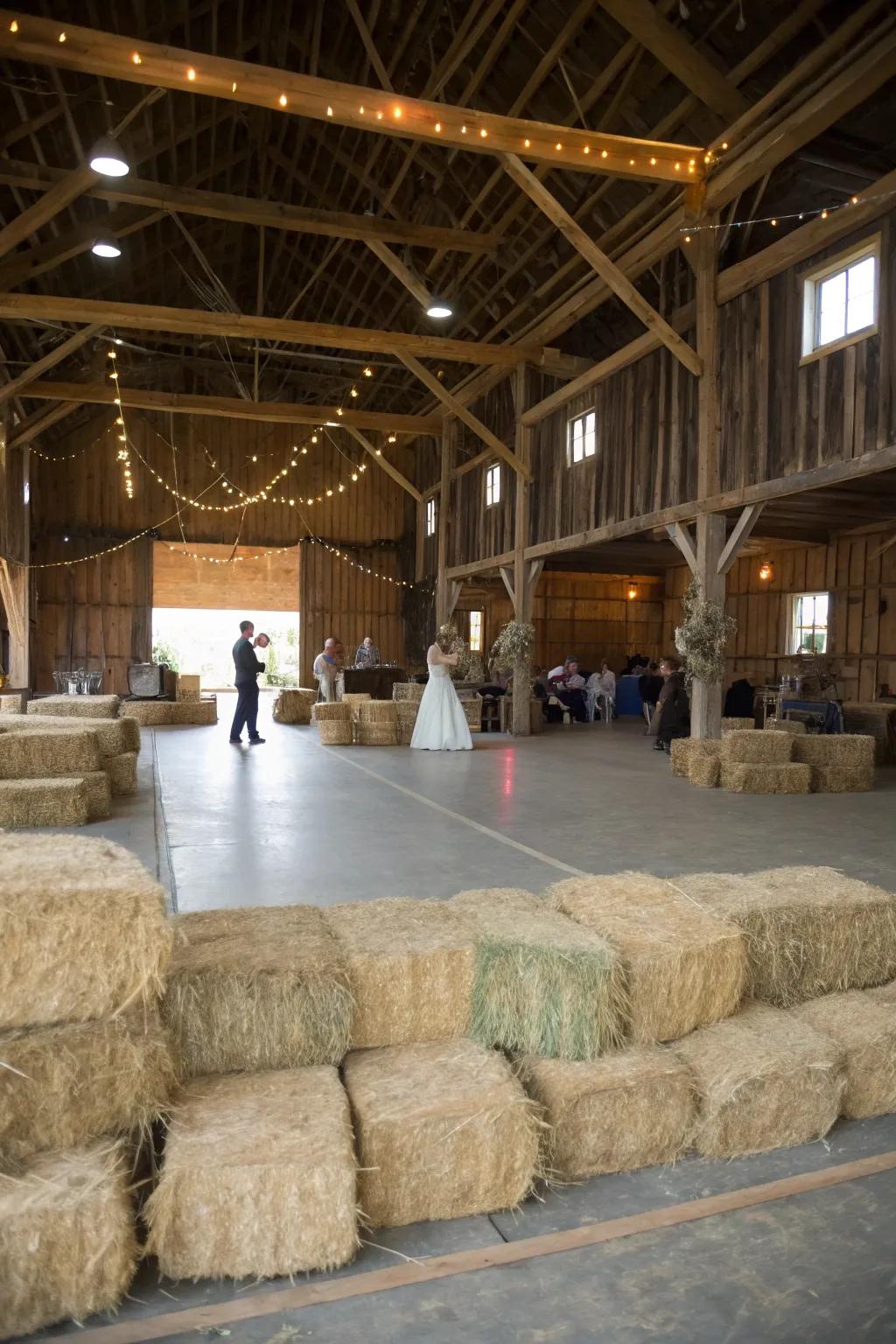 Hay bales provide both seating and a rustic decoration.