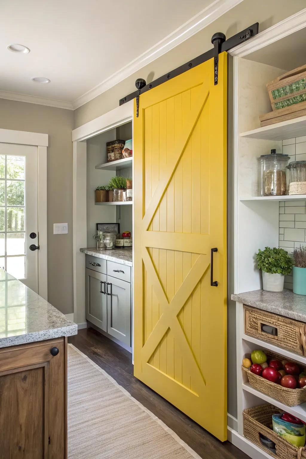A culinary space showcasing a vibrantly painted sliding barn aperture, designating the pantry sector.