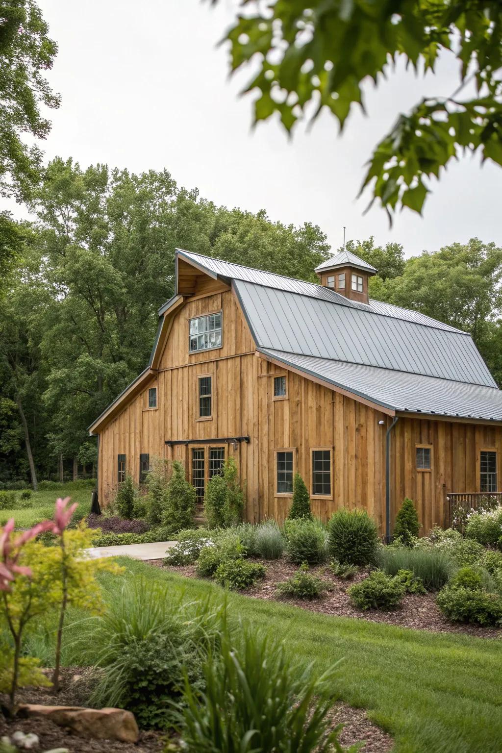 Timber and metal compositions merge for a robust yet stylish barndominium exterior.