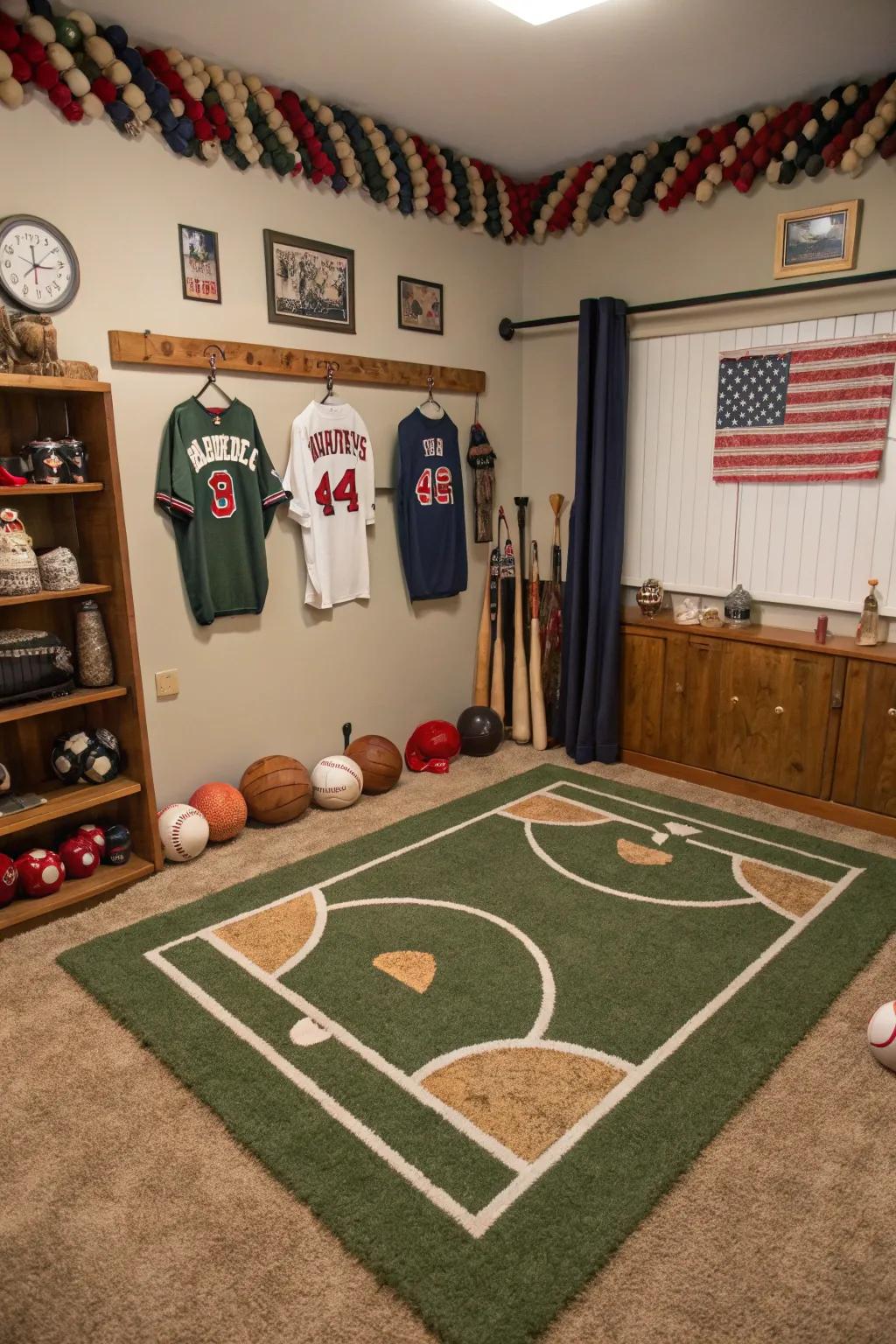 A diamond-themed rug supports the sporty character of the area.