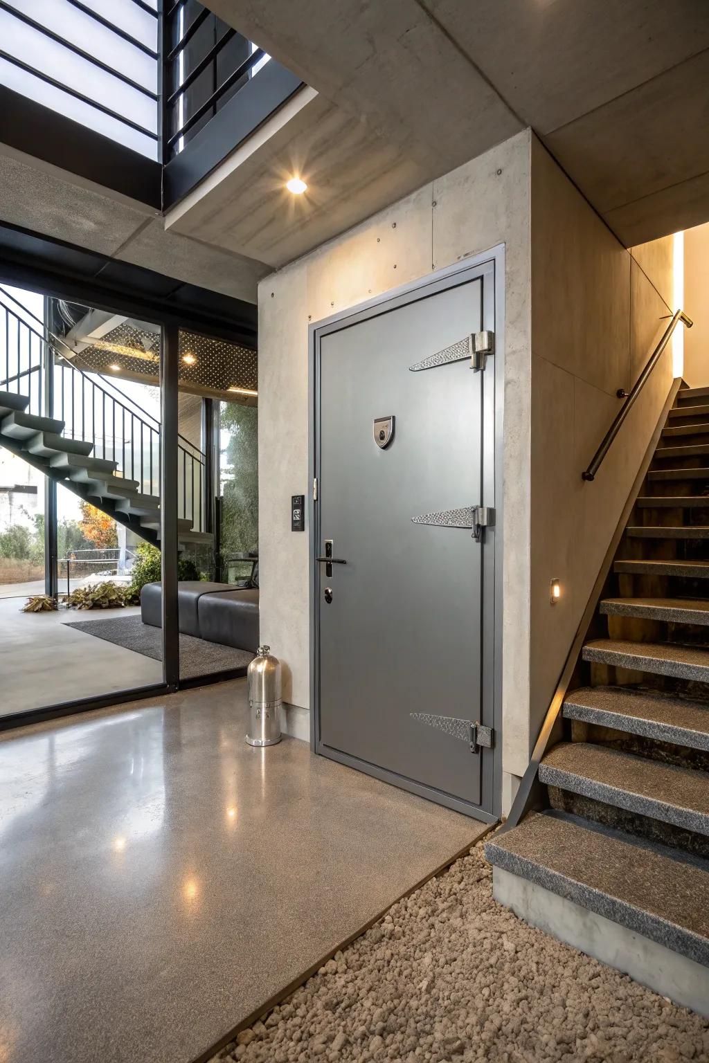 A contemporary steel door provides both security and style for accessing your basement.