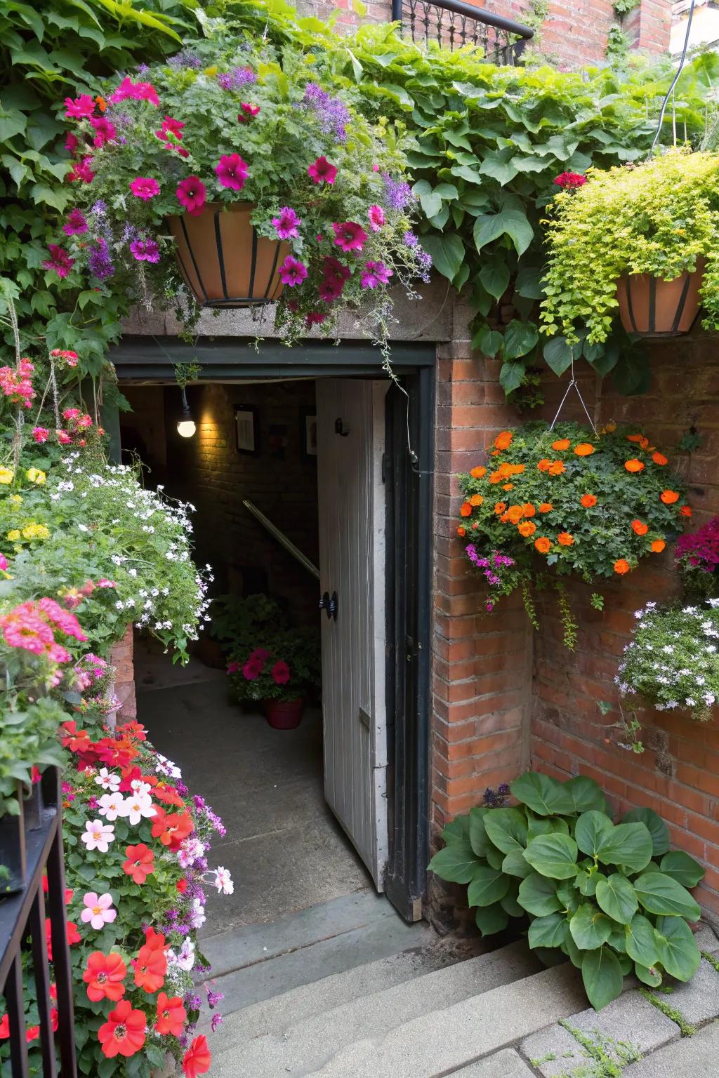 Greenery enhances the basement entrance with vibrancy and peace.