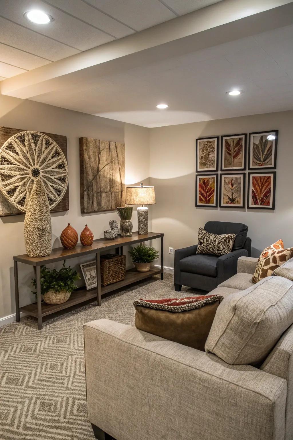 Mural art infuses a tailored sensation into this stylish basement space.