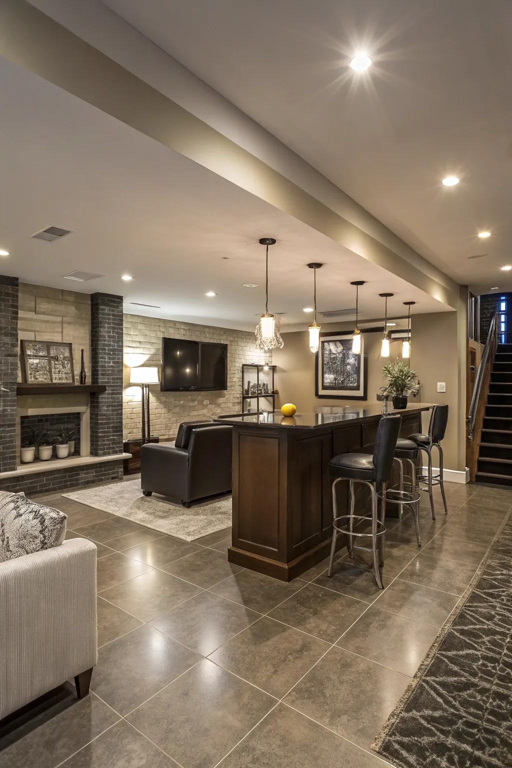Modern basement design with refined aesthetics and sophisticated lighting.