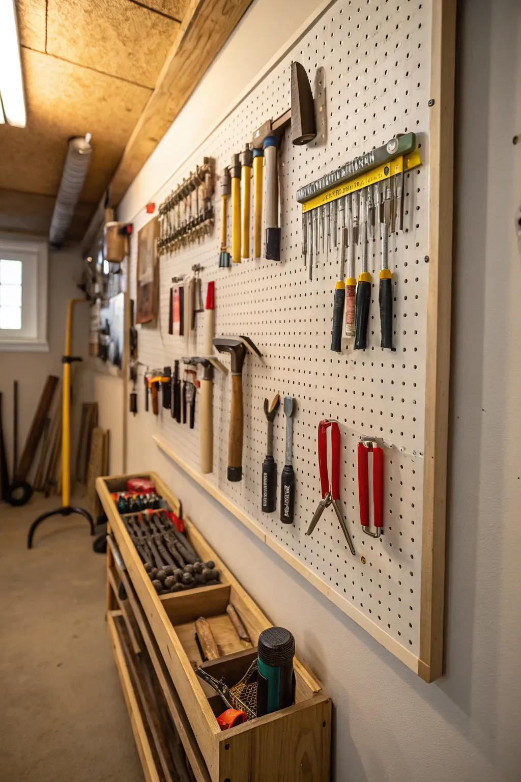 Pegboards provide a functional storage solution for instruments.