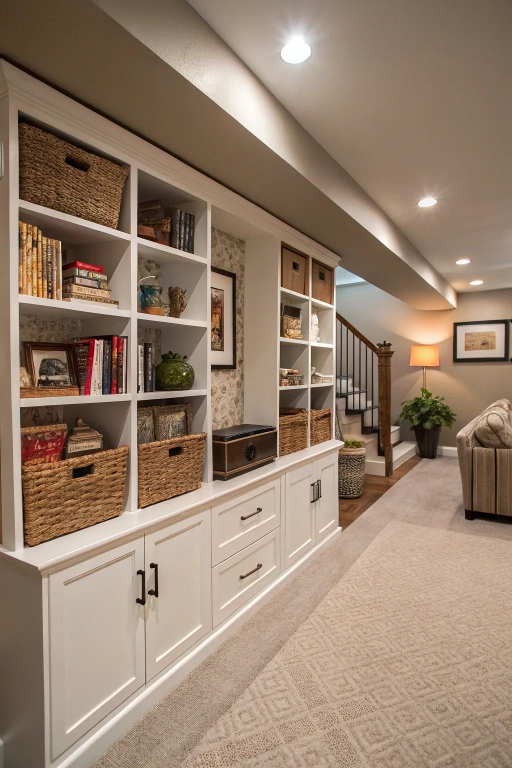 Built-in shelves provide a seamless and elegant storage option.