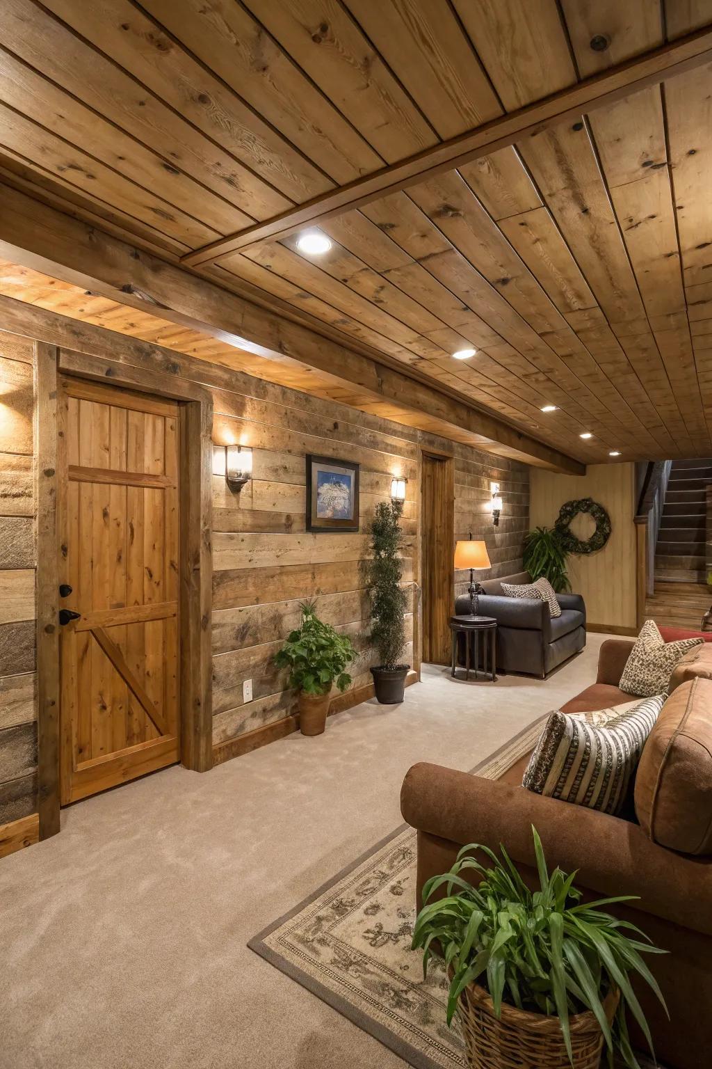 Rustic wood panels bring warmth and charm.