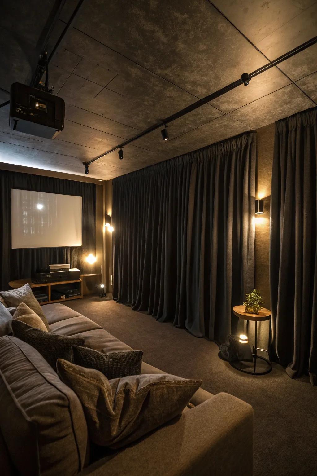 Blackout drapes are perfect for shaping a dimly lit, intimate media area.