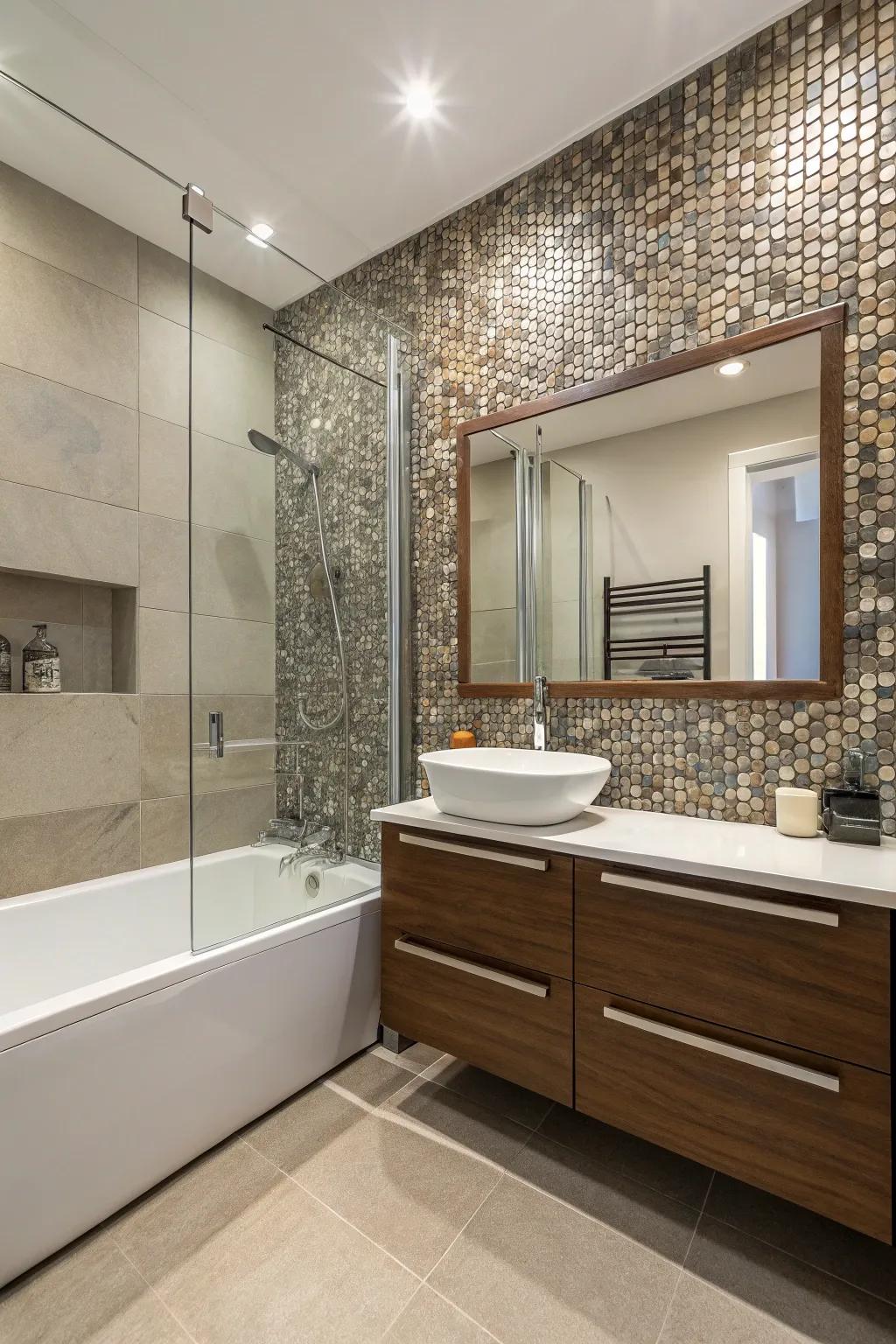 A highlight wall may function as the bathroom's focal point.