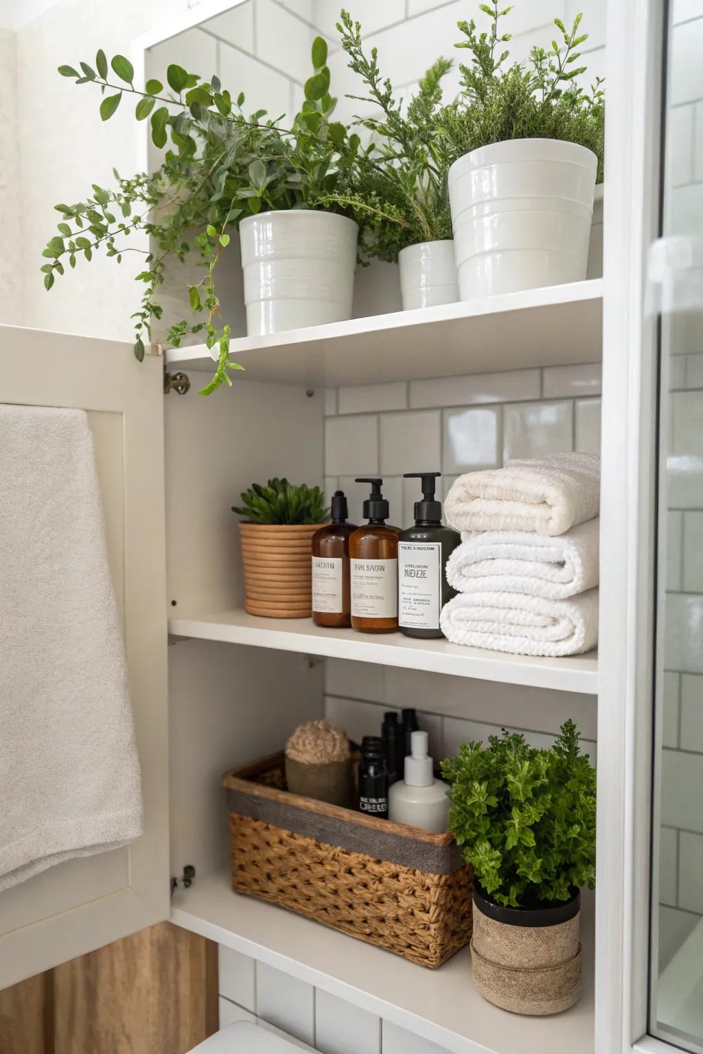 Botanical elements introduce a lively, natural touch to your bathroom closet.