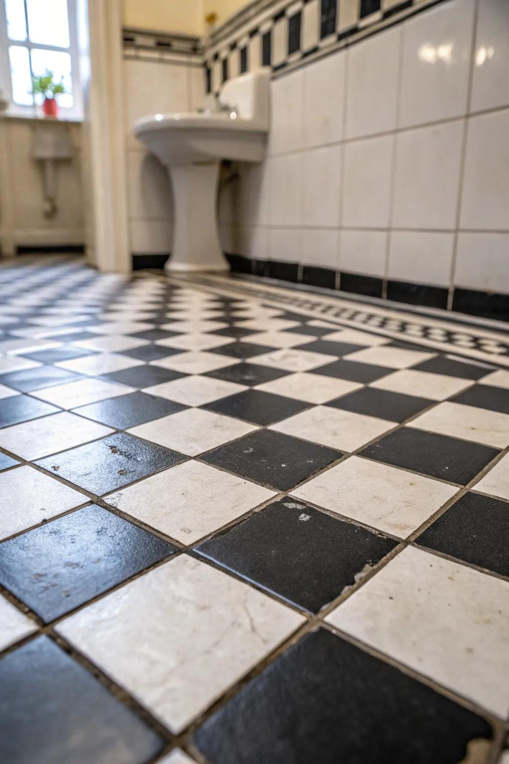 Opposing floor coverings introduce visual interest and depth.